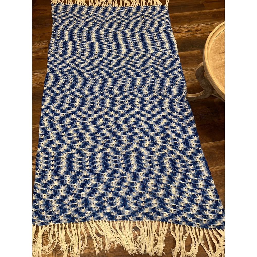 Handmade Crochet Afghan Throw Blanket Blue White Star Stitch Fringe 83x48